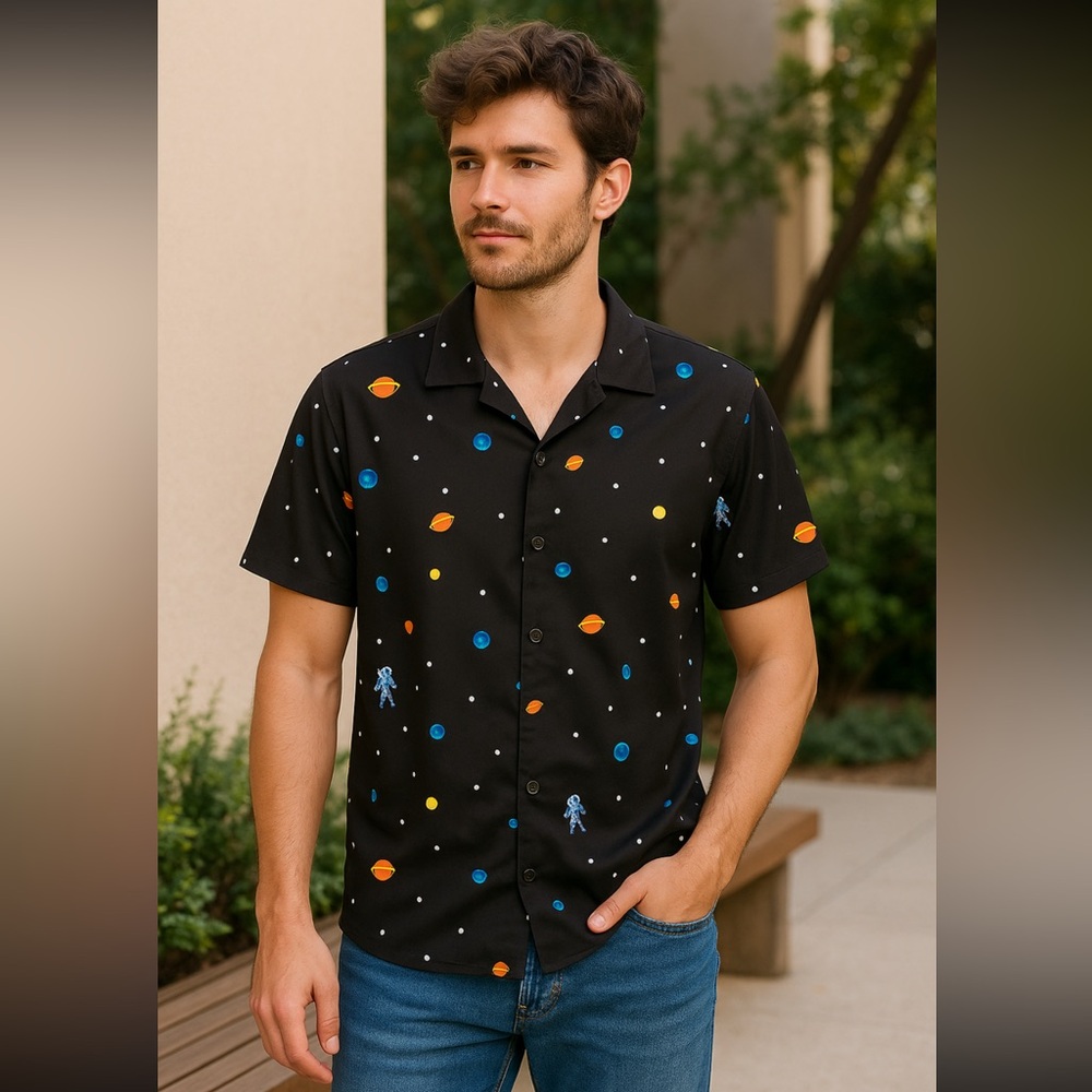 Men’s Novelty Space Print Shirt Black Planets Astronauts Cosmic Button-Down (S/m